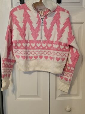 Jessica Simpson Pink & White Half-Zip Patterned Turtleneck Sweater
